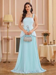 Elegant Women's Beaded High Waist Sleeveless Pleated Chiffon Maxi Princess Prom Dress - Baby Blue - View 5