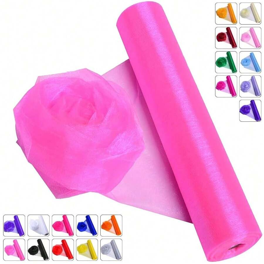 Crystal Organza Fabric Tulle - 16\ By 50 Yards Sheer Fabric For Wedding Party Decoration Bridal Shower Tutu Roll Netting Spool Ribbon Wrapping (Pink) - Pink - 查看 1