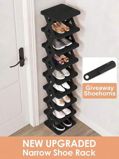 9/6 Tier Narrow Shoe Rack, New Upgraded Shoe Shelf Small Vertical Shoe Stand, Space Saving Standing Shoes Storage Organizer Entryway, Closet, Hallway, Easy Assembly And Stable In Structure, Black & White