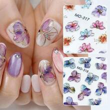 Purple Golden Flower Nail Stickers - 3D Embossed Purple Floral Nail Art - Golden Foil Dried Flower Leaf Spring Summer Nail Decals - Easy To Apply - Suitable For Nail Design - Multicolor - View 3