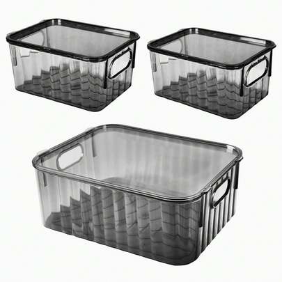 Juego de 3 cajas organizadoras de acrílico gris humo con tapa|   Multiusos para Refrigerador, Cosméticos y Almacenamiento