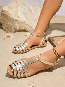 女士平底凉鞋，镂空罗马风T字带踝带鞋，人造革舒适鞋，多带编织平底凉鞋，适合户外、度假，防滑平底凉鞋，露趾网眼镂空透气凉鞋，夏季必备女士平底凉鞋 - 金色 - 查看 4