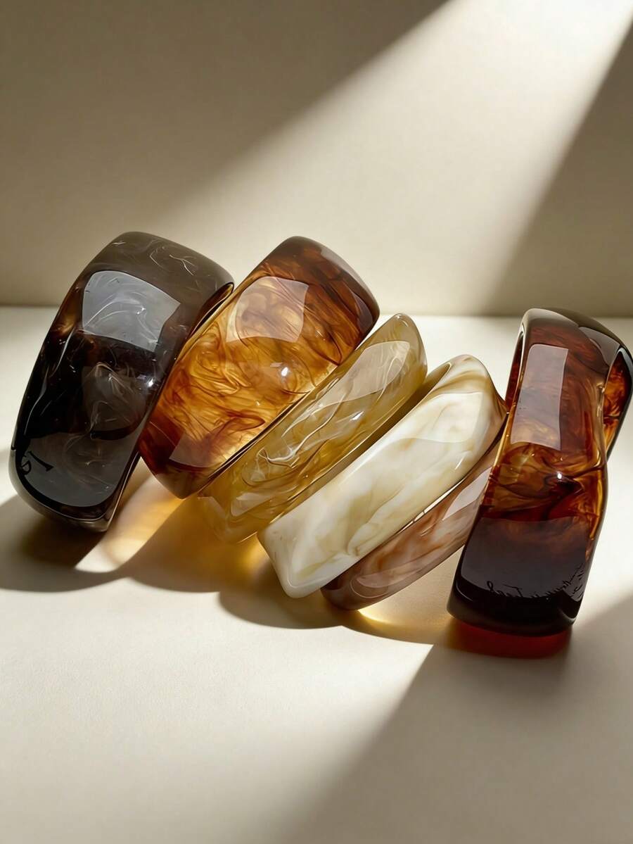 6pcs Set Exaggerated Asymmetrical Resin Semi-Transparent Bracelet For Women, Unique & Versatile - Multicolor - View 1