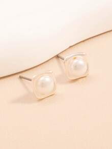 1 Pair Square Pearl Stud Earrings, Minimalist Unique Design, Versatile Earrings For Women - Silver - View 2