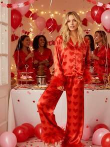 Bridal Pajama Set With Feather Trim For Women Elegant Silk-Like Satin Sleepwear Valentine's Day Nightwear Bachelorette Party Outfits - Đỏ - Xem 3