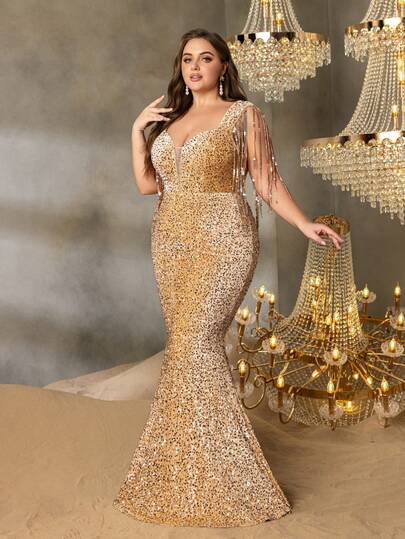 Faeriesty Vestido de fiesta elegante con cuello de corazón, parches de lentejuelas y decoración con flecos, ajustado, para boda y primavera, talla grande