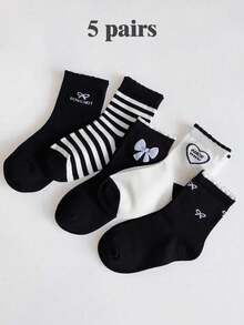 5双公主风荷叶边蝴蝶结条纹袜，休闲运动女童袜，秋冬款 - 彩色 - 查看 6