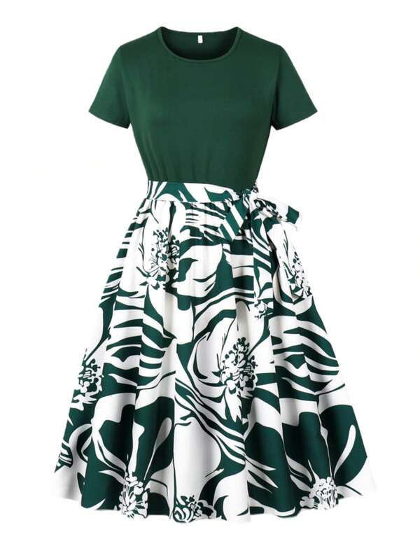 优雅复古印花圆领短袖及膝休闲派对连衣裙，配腰带，夏季