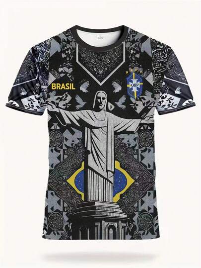 Brasilien Spezial Herren Fußballtrikot & Rio de Janeiro Jugend Rundhals Bequemes Sportoberteil, mit Rio de Janeiro Stil, Gebetsbedeutung, geeignet für Brasilien Fußballspiele, Fußballtraining, tägliche Fitness und Lässig Geschenke, mit Brasilien Fan Sammlerwert