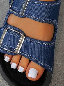 Teenage Girls' Anti-Slip Soft Comfortable Open Toe Plush Slippers, Round Toe Double Strap Design Low Heel Slip-On Fashion Slides