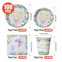 Flower Border, Butterfly & Crown Happy Birthday Disposable Plates, Napkins, Cups - One-Time Party Supplies Set For 25 Guests, Disposable Paper Plates Party Tableware Suitable For Birthday, Wedding, Theme Party, Family Picnic - Multicolor - View 2