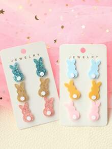 3 Pairs Easter Acrylic Bling Bling Rabbit Ear Studs, Cute Rabbit Tail Earrings Set, Holiday Gift For Women - Multicolor - View 1