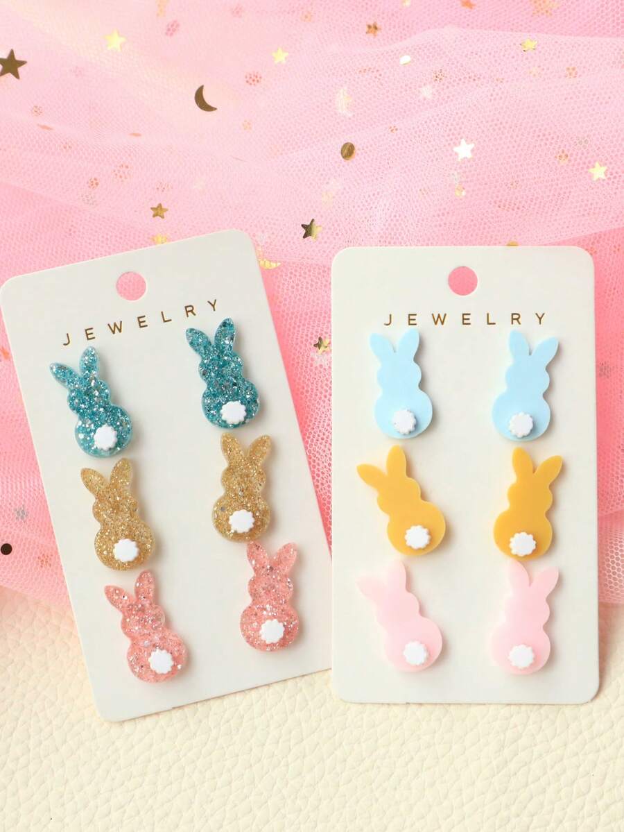 3 Pairs Easter Acrylic Bling Bling Rabbit Ear Studs, Cute Rabbit Tail Earrings Set, Holiday Gift For Women - Multicolor - View 1