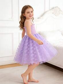 1 chiếc đầm công chúa dễ thương, thanh lịch, ngọt ngào cho bé gái, thêu hình bướm 3D, dây mảnh, chất liệu voan, thích hợp cho tiệc tùng, lễ hội, sinh nhật, biểu diễn, mọi mùa. - Màu tím - Xem 2