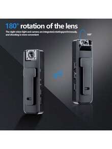 Cámara corporal mini HD 1080P con ángulo de visión de 180° y visión nocturna infrarroja, grabadora de video digital portátil con estabilización de imagen digital, batería de polímero de litio recargable por USB, almacenamiento en tarjeta TF en formato AVI para uso en exteriores/interiores en múltiples escenarios - Negro - Ver 2