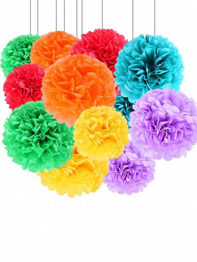 18pcs Colorful Paper Flowers Party Decorations, Colorful Paper Pom Poms, 6 Colors And Sizes Paper Flower Balls, Wedding Party Decor Paper Pom Poms, Birthday Party Background Decor, Suitable For Holidays, Anniversaries, Weddings, Valentine's Day And More