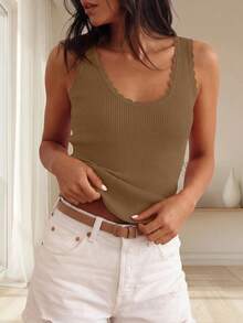 Womens Summer Sleeveless Tank Tops V Neck Ruffle Lightweight Ribbed Knit Shirt Casual Going Out Top - 卡其色 - 查看 1