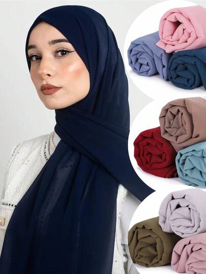 3件套女士纯色珍珠雪纺优雅滚边传统穆斯林头巾套装