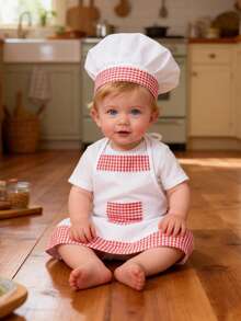 2pcs Red Plaid Baby Chef Outfit Set, Newborn Photography Prop, Includes Heart-Shaped Apron And Hat, Suitable For Studio Shooting - Multicolor - View 11