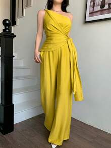 abyoxi 女士黄色露肩扭结荷叶边不对称下摆上衣和高腰阔腿裤两件套，休闲度假性感优雅，适合派对、约会、海滩、日常出行，春夏上衣和裤子套装 - 芥末黃 - 查看 3