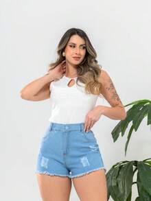 Women Denim Shorts - 淺色水洗藍 - 查看 3