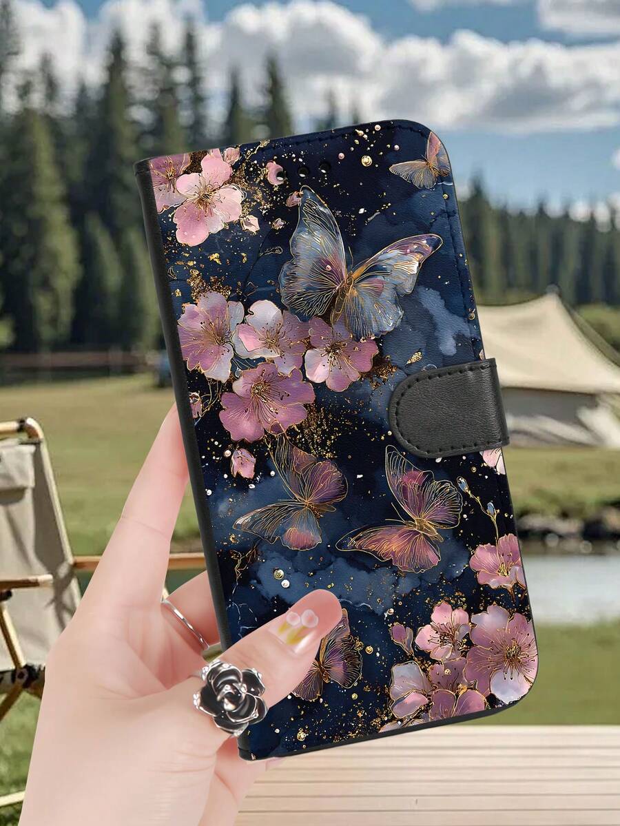 1PC Premium Durable Flip Wallet Phone Case Deep Blue Cherry Blossom Gold Trim Butterfly Art Design Compatible With IPhone 17/16/15/14/13/12 Series (Including Pro Max And Plus Models) With Foldable Stand And Credit Card Slots, Custom Made For Those Who Pursue Fashion And Perfection. - 黑色 - 查看 1