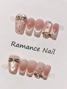 10片甜美粉色渐变手绘美甲贴纸，3D蝴蝶结金属装饰，猫眼法式美甲贴片，闪亮全覆盖假指甲，中号棺材形指甲，包含甲油胶和指甲锉，浪漫女士美甲 - 粉色 - 查看 3