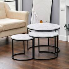Modern Minimalist 3-Piece Nesting Side Table Set, Sofa Side Table, Living Room Center Coffee Table, Hotel Lobby Display Table, Reception Table, Multi-Purpose Storage Rack. White Marble-Patterned Wood Tabletop, Black Metal Frame, Can Be Stacked Or Placed Separately. - White Marbling - View 5