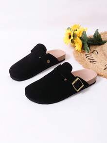 1 Pair Women's Thick Sole Buckle Footbed Sandals, New Spring Khaki Black Round Toe Slip-On Suede Flat Mules, Versatile Outdoor Casual Slippers - Black - View 4