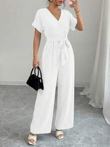 Women's Jumpsuit Casual Short Sleeve Wrap V Neck Belted Wide Leg Pants - trắng - Xem 1