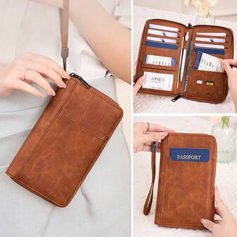 新款RFID防盗护照夹 - 拉链封口，带身份证窗口和卡槽 - 轻便旅行钱包，配有腕带，防盗，兼容信用卡、身份证、手机 - 男女通用（浅棕色） - 适合商务、度假、日常使用，商务配件，时尚设计，结构坚固耐用，商务人士必备