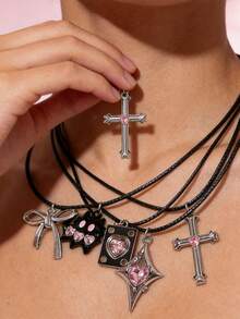 5pcs Pink Necklace Set, Bohemian Necklaces With Cross, Star, Heart Pendant, Leather Cord Necklaces, Women Jewelry, Valentine's Day Gift - 5 Pink Necklace Set - View 2