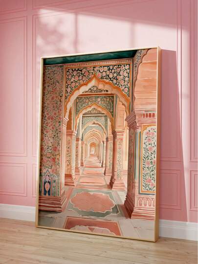 1 stuk frameloze boog Eid Mubarak muurdecoratie, gedetailleerde Midden-Oosterse islamitische decoratie, roze Mughal-patroon poster voor Ramadan, feestelijke huisdecoratie, cadeau voor Ramadan, kamerdecoratie, terug naar school, Funkyposters, benodigdheden voor studentenkamers