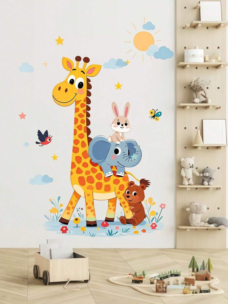 卡通长颈鹿、太阳、云朵、星星墙贴，儿童房、婴儿房自粘装饰 - 彩色 - 查看 1
