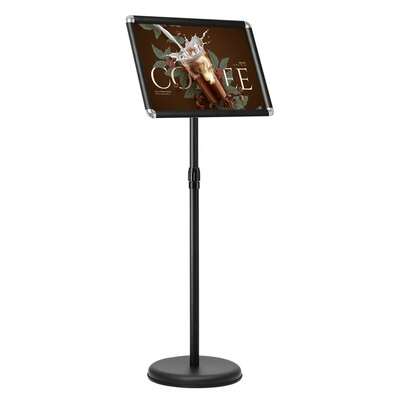  COSTWAY A3 Adjustable Poster Stand, Presentation Stand W/Adjustable Height & 360° Rotation, Aluminum Alloy Frame, Stainless Steel Base, Display Snap Frame Sign Advertisement Holder Floor For Market, Exhibition, Black/Silver