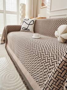 1pc Solid Color Sofa Towel Cover, Chenille Tasseled Sofa Slipcover Suitable For Living Room, Bedroom, Office, Home Decor, For 1/2/3/4 Seater Sofas - Coffee Brown - View 2
