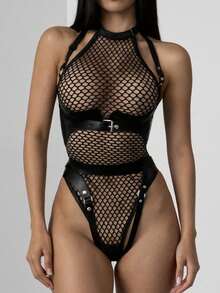 女士渔网连体露背泰迪睡衣（不含配饰），适合舞会 - 黑色 - 查看 1
