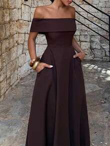 Solid Color Elegant Backless Off Shoulder Dress, Suitable For Wedding, Party, Dating, Formal Occasions Summer - Burgundy - View 7