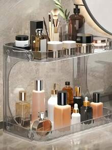 1pc 2-Tier Transparent Plastic Desktop Cosmetic Storage Box With 2-Tier Shelves & 4-Wheel Base - Space-Saving Organizer Tray - Multicolor - View 2
