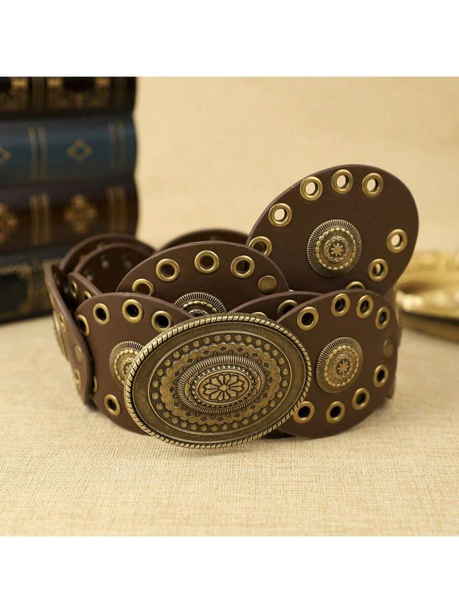 Cinto Masculino De Pu Estilo Boêmio, Cor Café Com Estampa De Bolinhas E Fivela De Metal Com Padrão Floral. Elegante E Perfeito Para Uso Diário. - Castanho - Ver 1