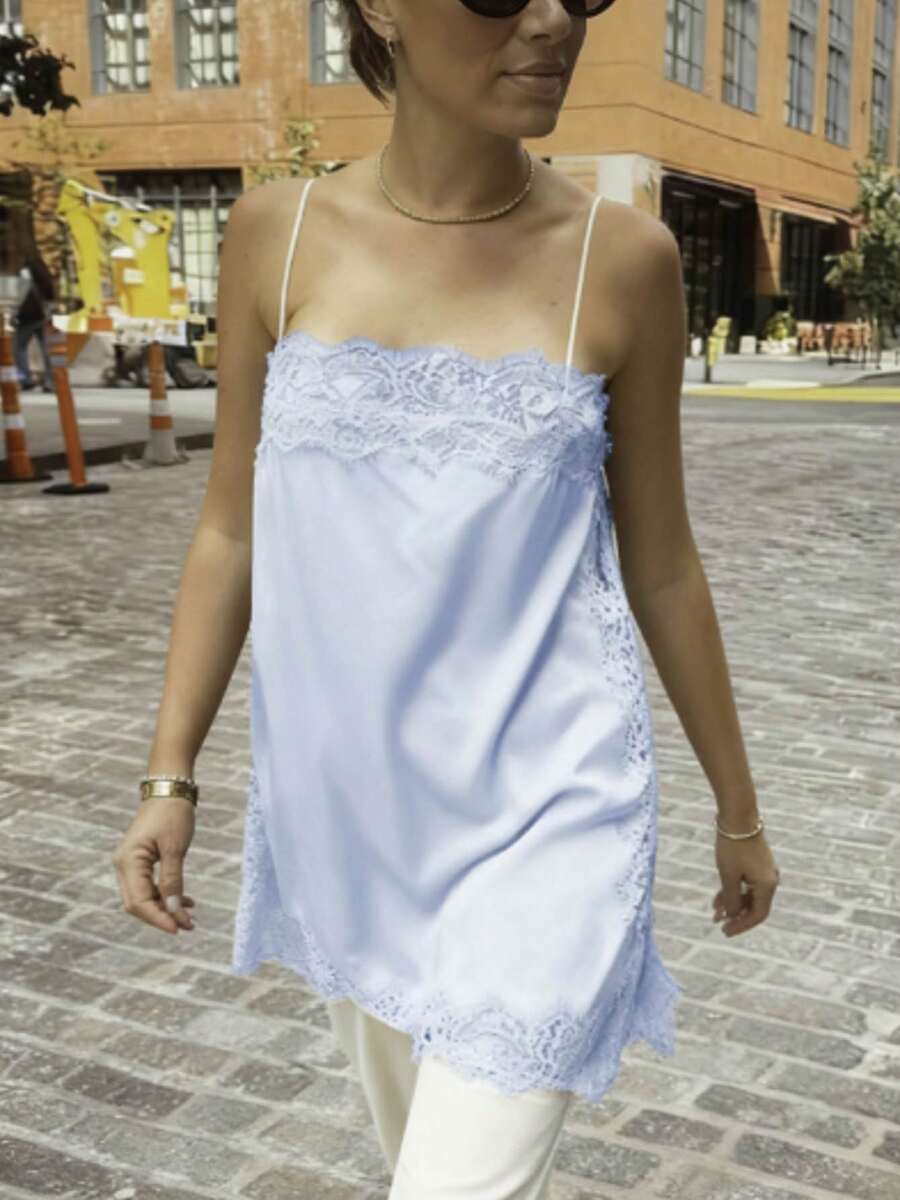 Women Y2k Lace Camisole Top Satin Square Neck Side Split Cami Silk Sleeveless Spaghetti Strap Loose Going Out Tank Backless Nightgown Sleepwear Sliky Short Wedding Nightgown,Party Streetwear,Rave Outfit,Club Outfits,Beach Vacation Outfits,Summer Going Out Tops,Spring Break Outfits,Country Concert Outfit - Màu xanh nhạt - Xem 1