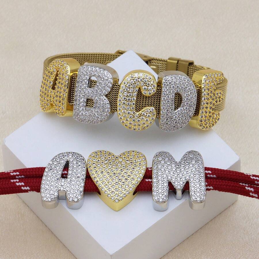  1pc New Silver Color Cubic Zirconia A-Z Initial Alphabet Charm Big Hole Beads,26 Alphabet Letter Pendant Jewelry Accessories - Silver - View 1