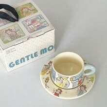 卡通咖啡杯碟图案马克杯，优雅下午茶杯，精美陶瓷杯，送给她的礼物 - 彩色 - 查看 14