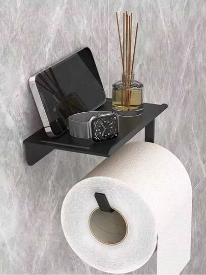 1个自粘式壁挂纸巾架，带收纳功能，无需钻孔，可放置卫生纸卷和手机，适用于厨房和浴室。