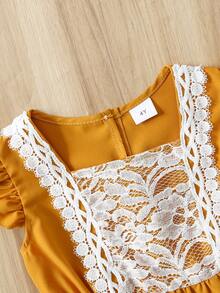 女童休闲可爱优雅百搭蕾丝拼接短袖连衣裙，春夏款 - 黃色 - 查看 3