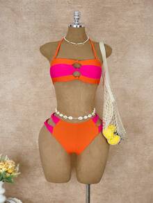 Bộ bikini hai mảnh phối màu tương phản 26SS dành cho nữ, kiểu cổ yếm khoét rỗng, dây đeo có thể tháo rời, màu neon tương phản, bộ bikini mùa hè dành cho nữ, thích hợp cho bãi biển, dã ngoại, tiệc bể bơi, những ngày nắng đẹp. - Màu Hồng Tươi - Xem 2