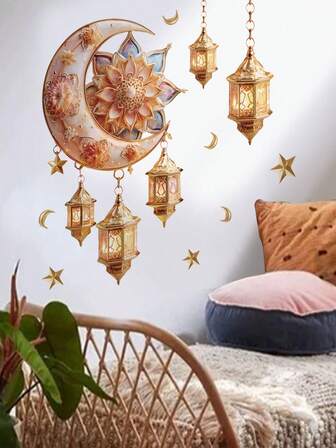 1 st Ramadan Mubarak tapet - Självhäftande islamisk geometrisk mönster avtagbar tapet, Ramadan måne och stjärnor väggklistermärke, vardagsrumsdekor, islamisk måne och stjärnor avtagbar självhäftande heminredning