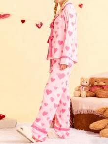 Women's Valentine's Day Pajamas Cute Heart Printed Bow Tie Long Sleeve Tops With Pants 2Pcs Sleepwear - Hồng - Xem 4