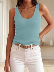Womens Summer Sleeveless Tank Tops V Neck Ruffle Lightweight Ribbed Knit Shirt Casual Going Out Top - Light Blue - View 6