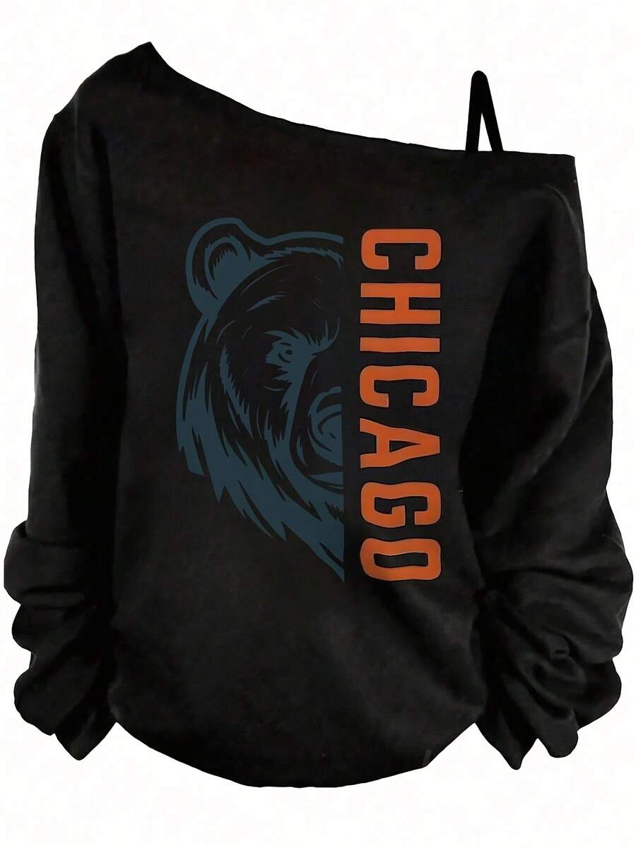Summer Outfits For Women, Chicago Bear Graphic, Casual One Shoulder Long Sleeve Sweatshirt, Sporty Streetwear Style-Vacation Outfits Women, Theme Graphic Tees, Festival Wear, Fun Party - 黑色 - 查看 1